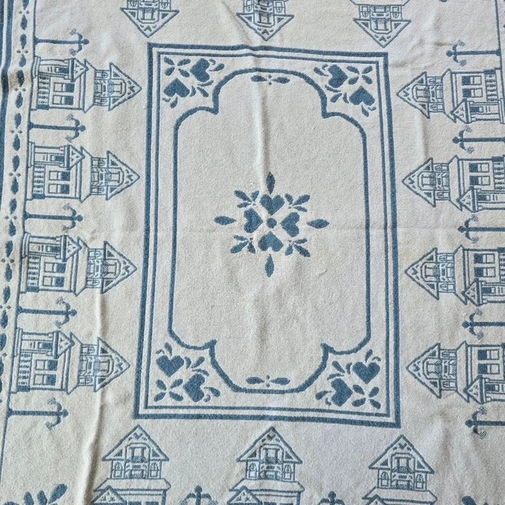 Vtg 80s/90s Blue Victorian House Woven Throw Blanket Hearts Country Cottagecore‎